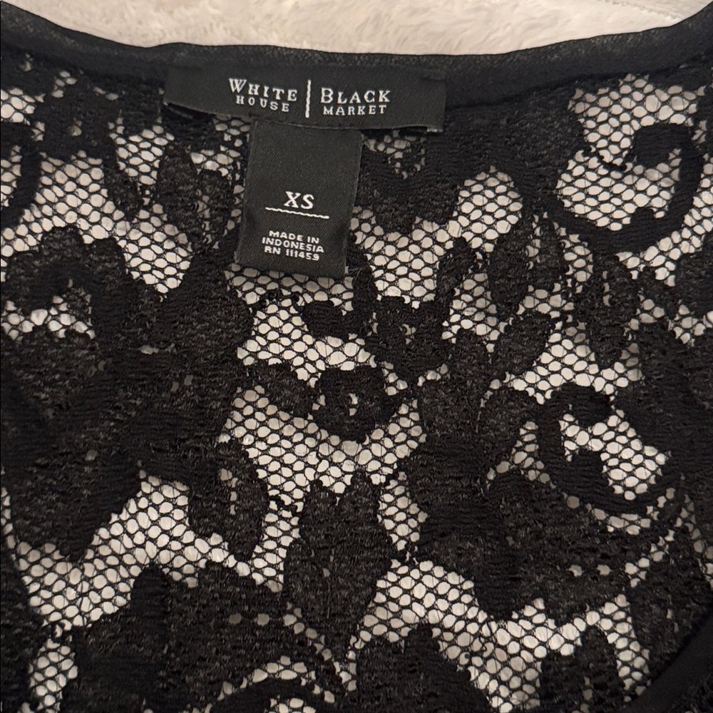 White House Black Market Black Lace Top XS Sheer Floral Short Sleeve Blouse - Picture 2 of 3